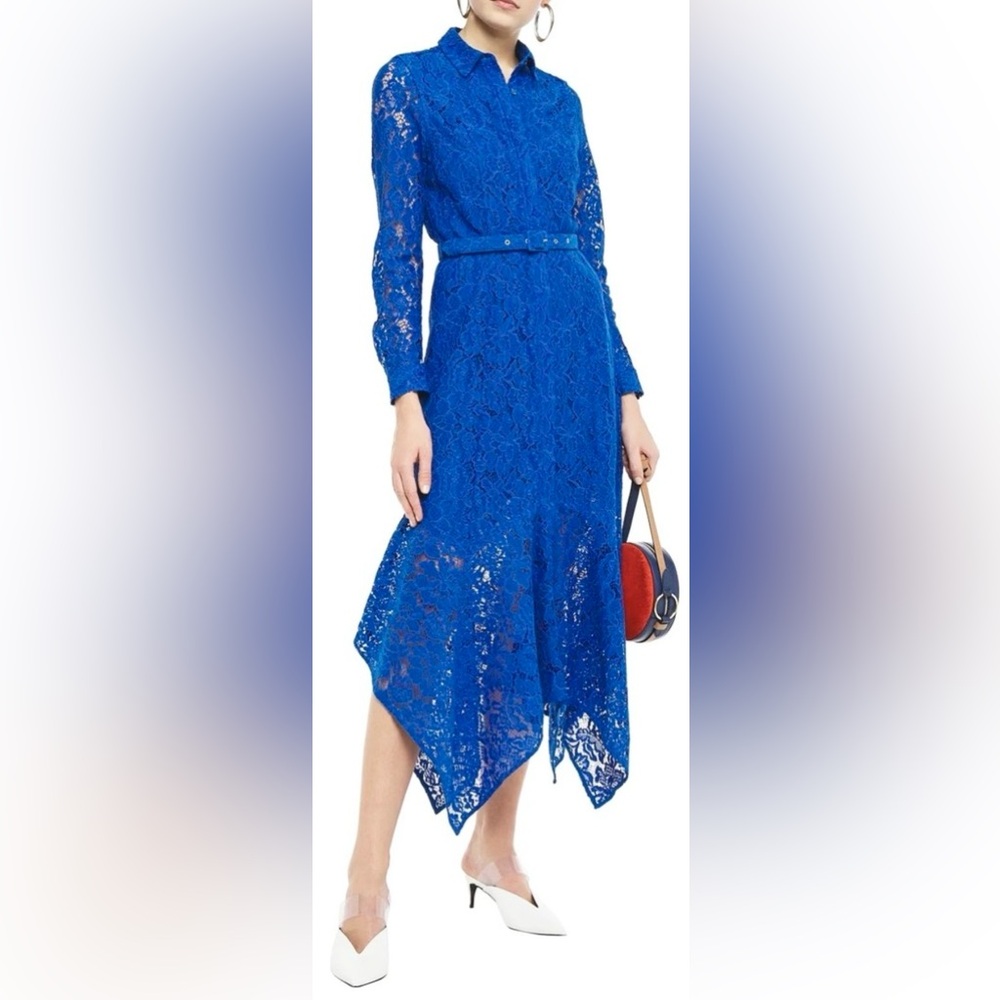 Ganni Everdale Lace Midi Dress Guipure Asymmetrical Hem Front Buttons Blue Sz. 2